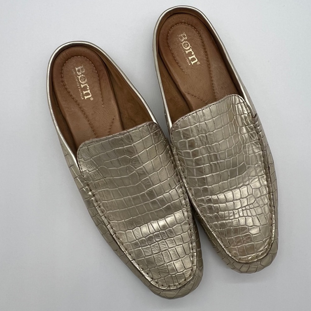 Born Champagne Silver Gold Loafers Mules with Textured Finish 11